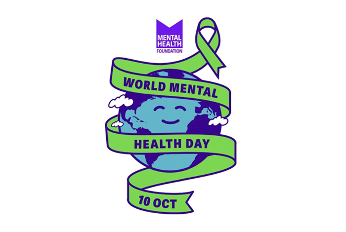 Logo for World Mental Health day 2024. An illustration of the world smiling with a banner reading 'world mental health day'