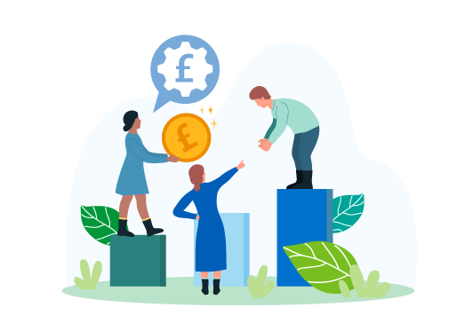 Illustration of three people standing on a bar chart, passing a pound coin between them