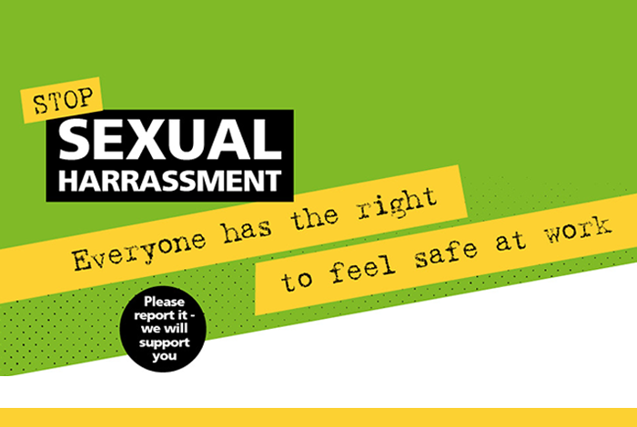 Campaign graphic from NHS, yellow and green background, with large text saying 'stop sexual harassment'